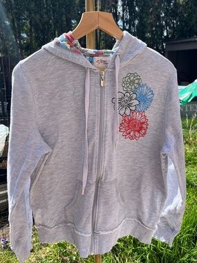 Women’s Light Gray Hooded Sweatshirt with Colorful Tropical Floral print size XL